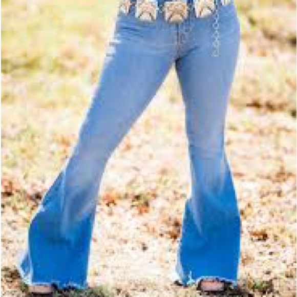 Express Denim - 70s Express Bell Bottom Flare Women’s Sz 10 Jeans Boho Festival Stretch Raw Hem